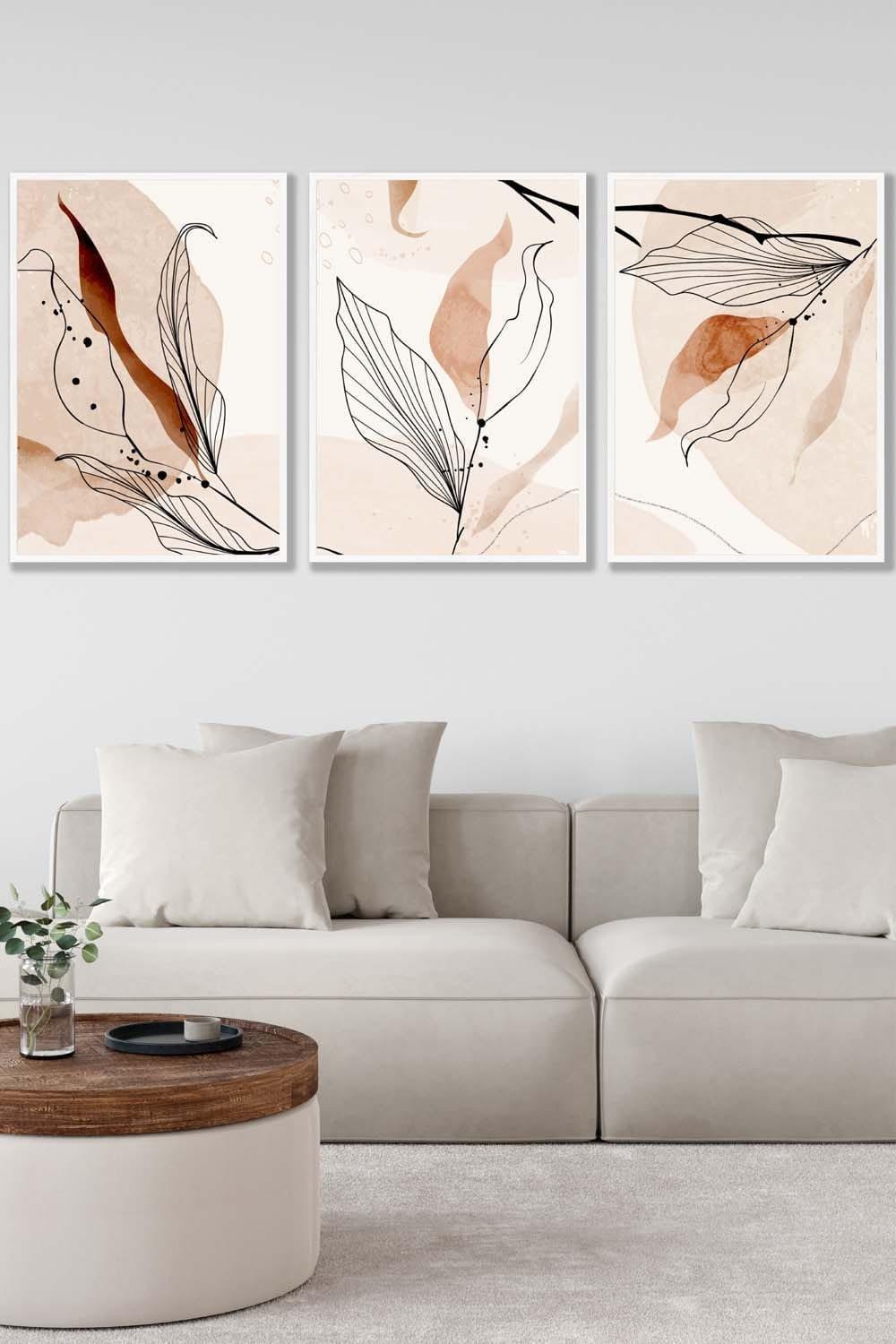 Set of 3 White Framed Graphical Line Art Autumn Leaves Wall Art